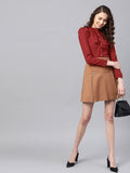 SASSAFRAS Women Maroon Ruffled Shirt Style Top