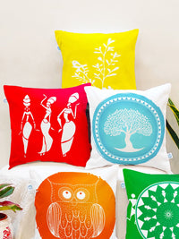 STITCHNEST Set of 5  Yellow & Green Ethnic Motifs Square Cushion Covers