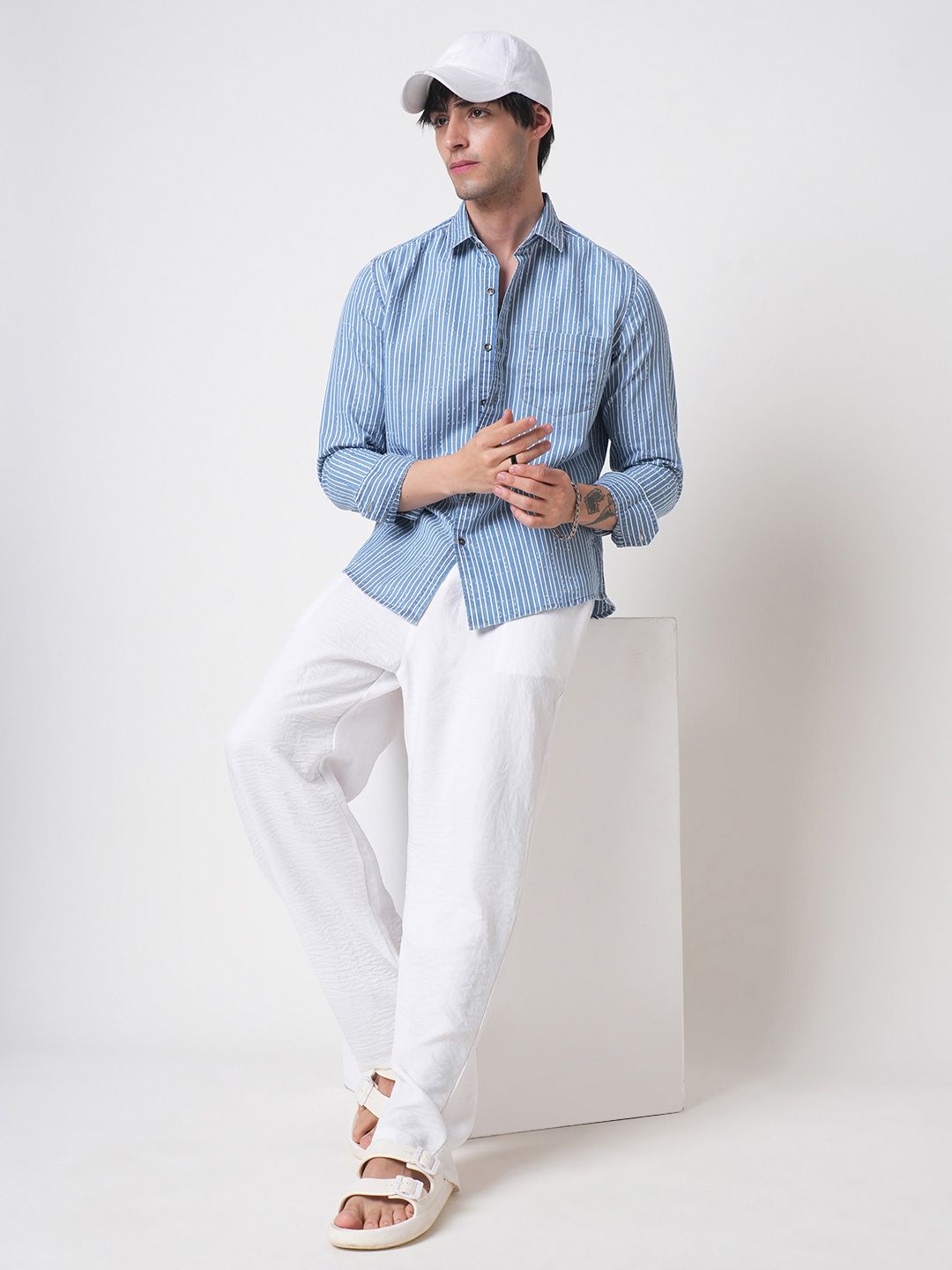 VASTRADO Men Classic Spread Collar Vertical Striped Pure Cotton Casual Shirt