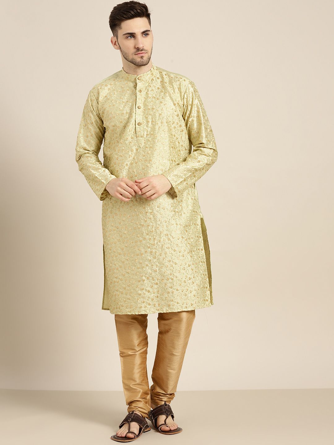 SOJANYA Men Green & Gold-Toned Floral Kurta
