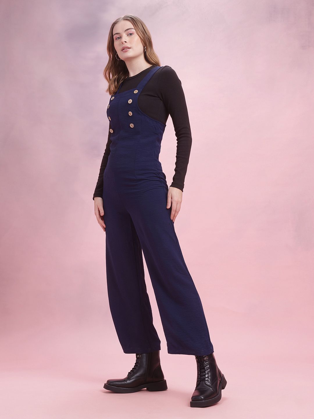 DressBerry Crinkled Effect Shoulder Straps Jumpsuit with Mock Buttons