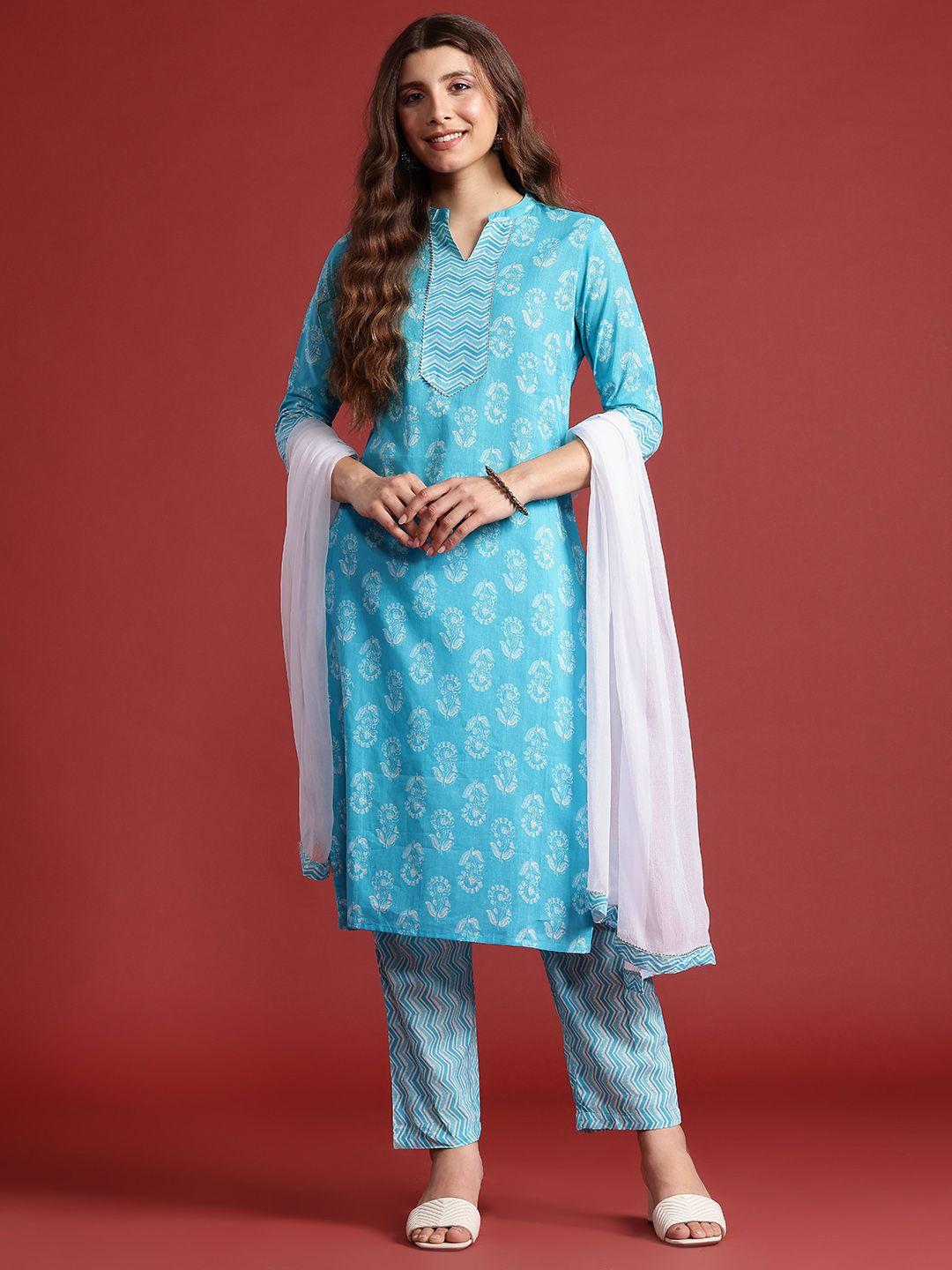 Anouk Floral Print Pure Cotton Kurta with Trousers & Dupatta