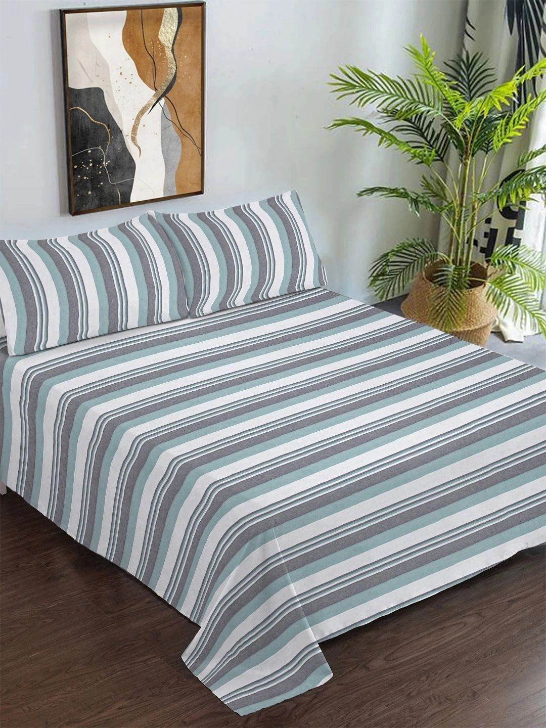 Myntra Elegant Homes Green Striped Pure Cotton Double Bedcover With 2 Pillow Cover