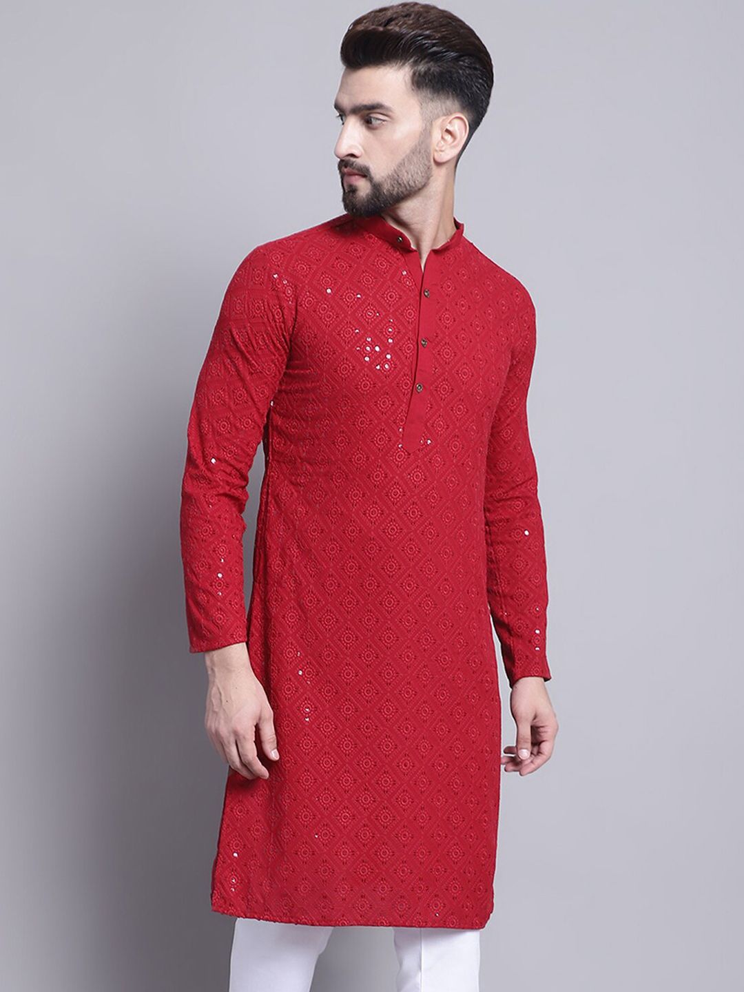 SOJANYA Geometric Embroidered Sequence Mandarin Collar Pure Cotton Kurta