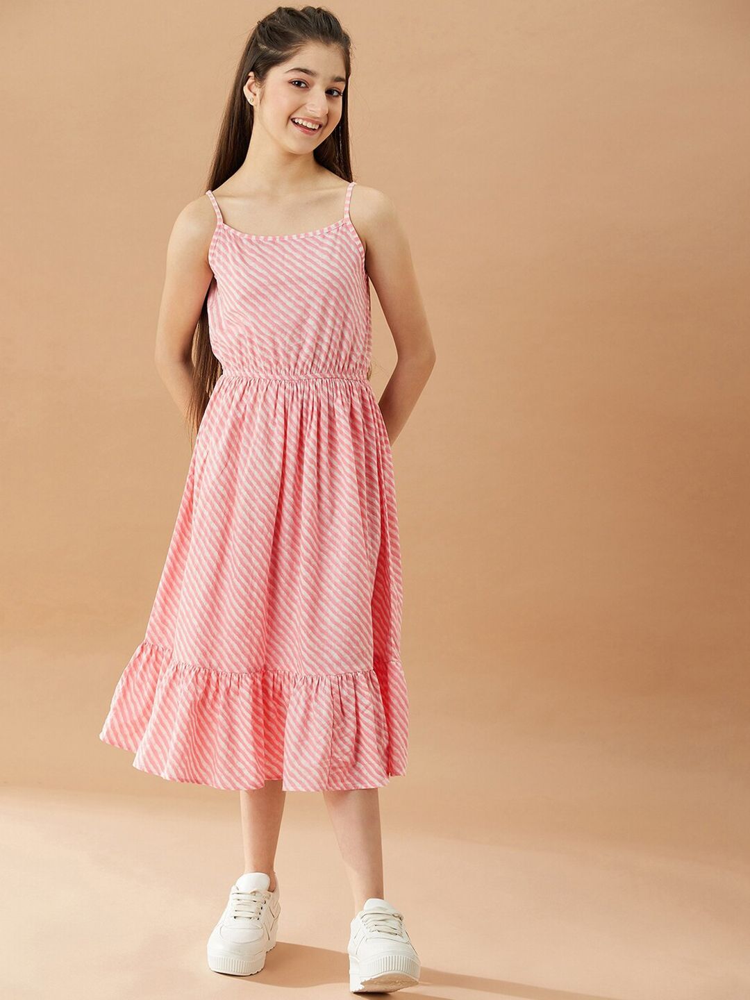 pspeaches Girls Striped A-Line Midi Cotton Dress