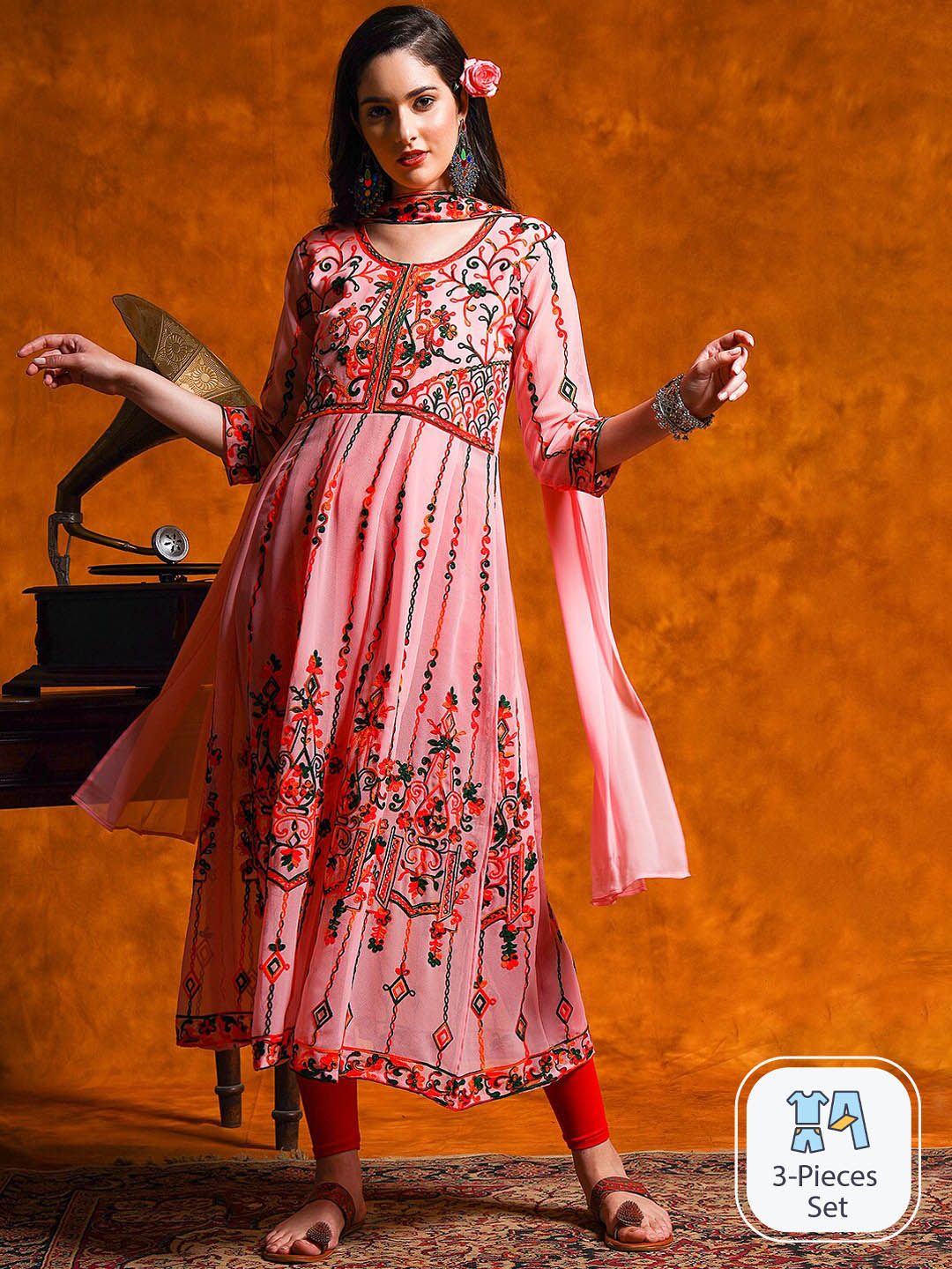 KALINI Ethnic Motifs Embroidered Anarkali Kurta With Dupatta Set