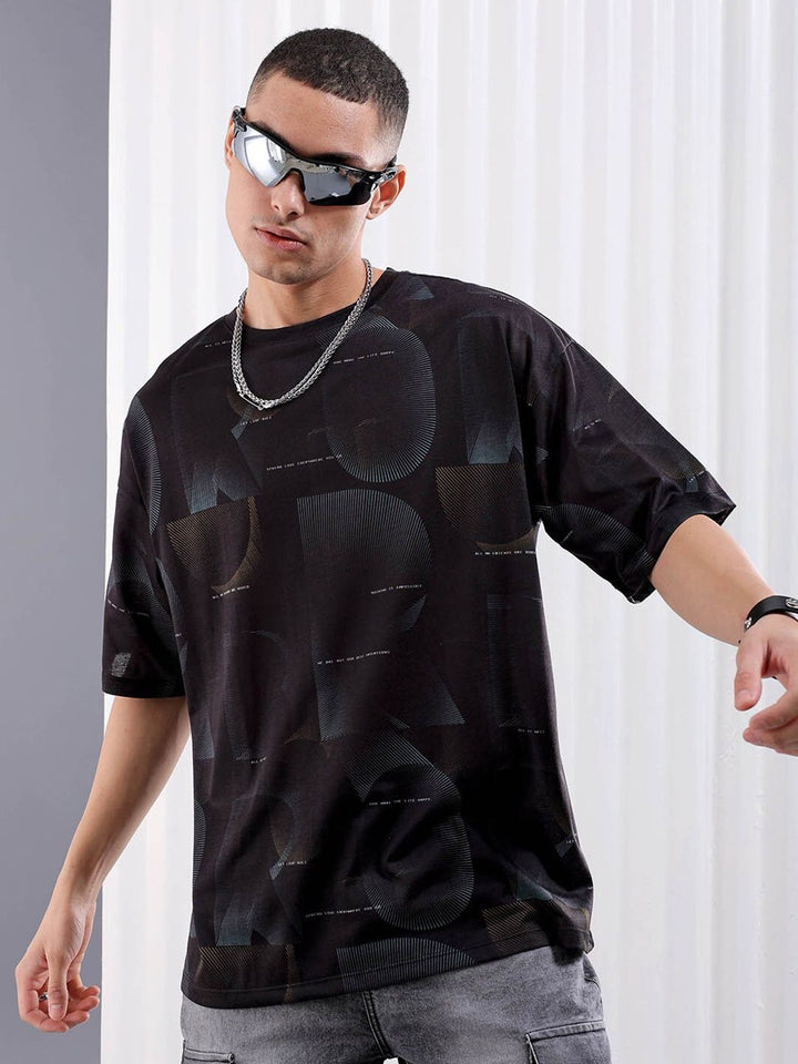 The Indian Garage Co Black Graphic Printed Drop Shoulder Sleeves Oversized T-shirt