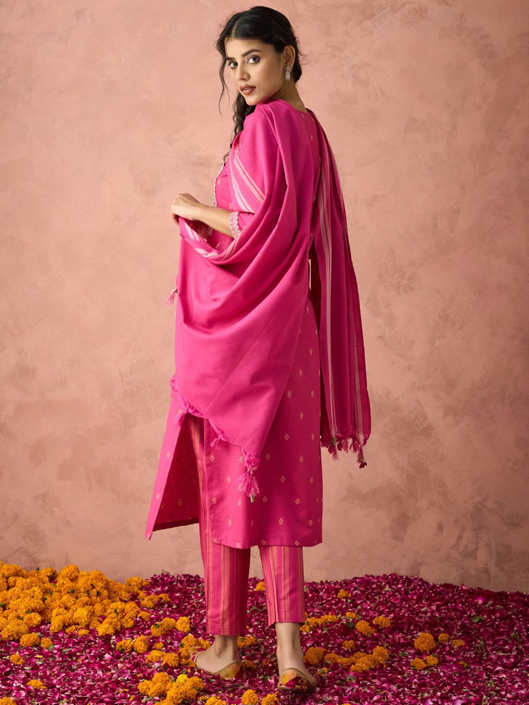 KALINI Ethnic Motifs Embroidered Straight Kurta With Trousers And Dupatta