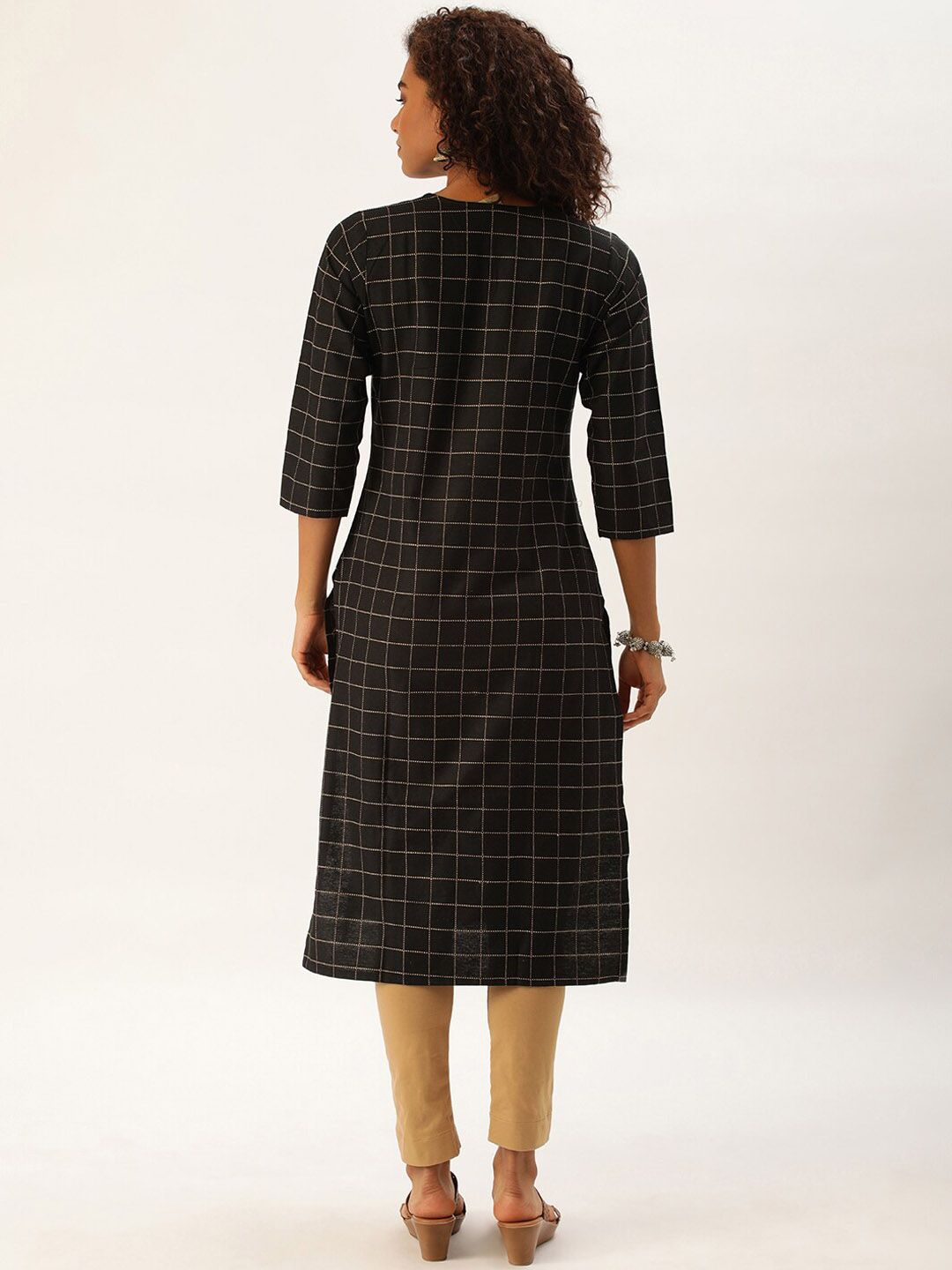 KALINI Women Checked Keyhole Neck Thread Work Kurta