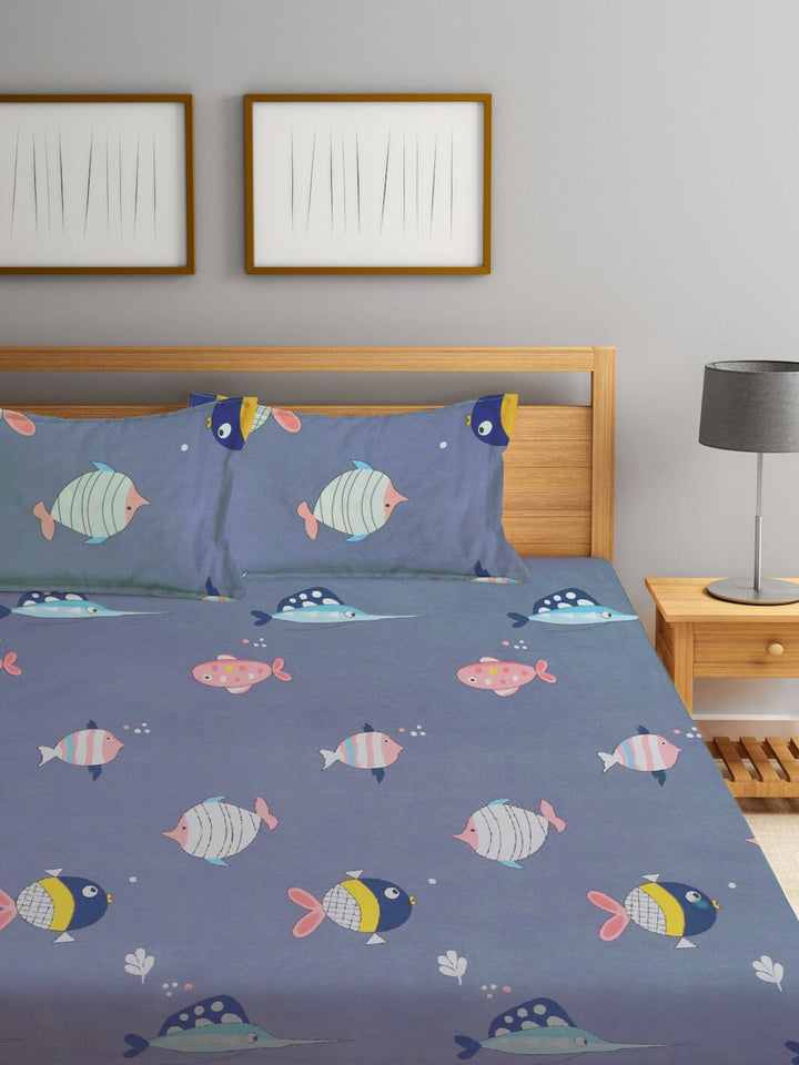 Watak Kartun KLOTTHE Biru & Merah Jambu 300 TC Cadar King dengan 2 Sarung Bantal