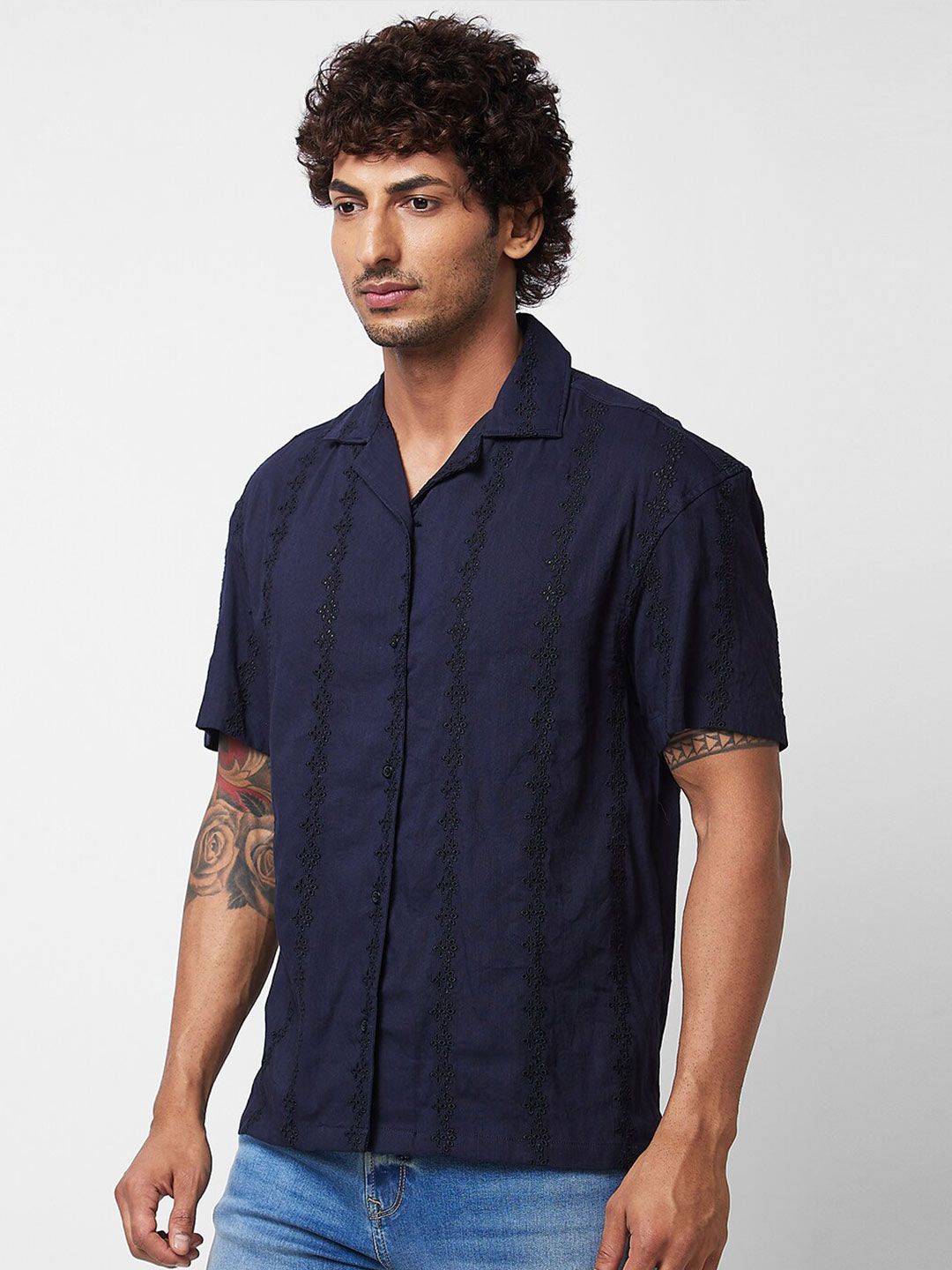 SPYKAR Floral Embroidered Cuban Collar Cotton Casual Shirt