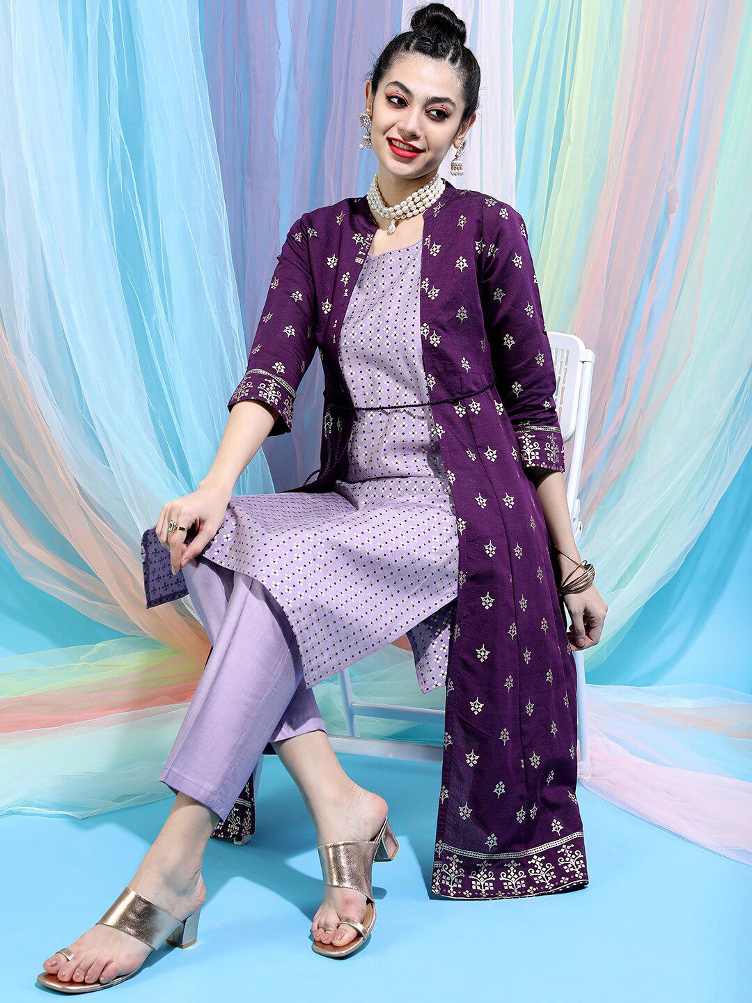 Vishudh Women Ethnic Motifs Printed Empire Kurta with Trousers & Jacket