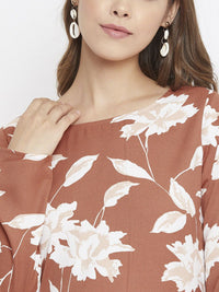 Berrylush Brown & White Floral Printed Crepe High-Low Longline Top