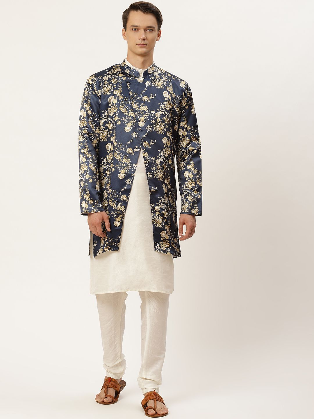 SOJANYA Men Off White Kurta with Churidar & Jacket