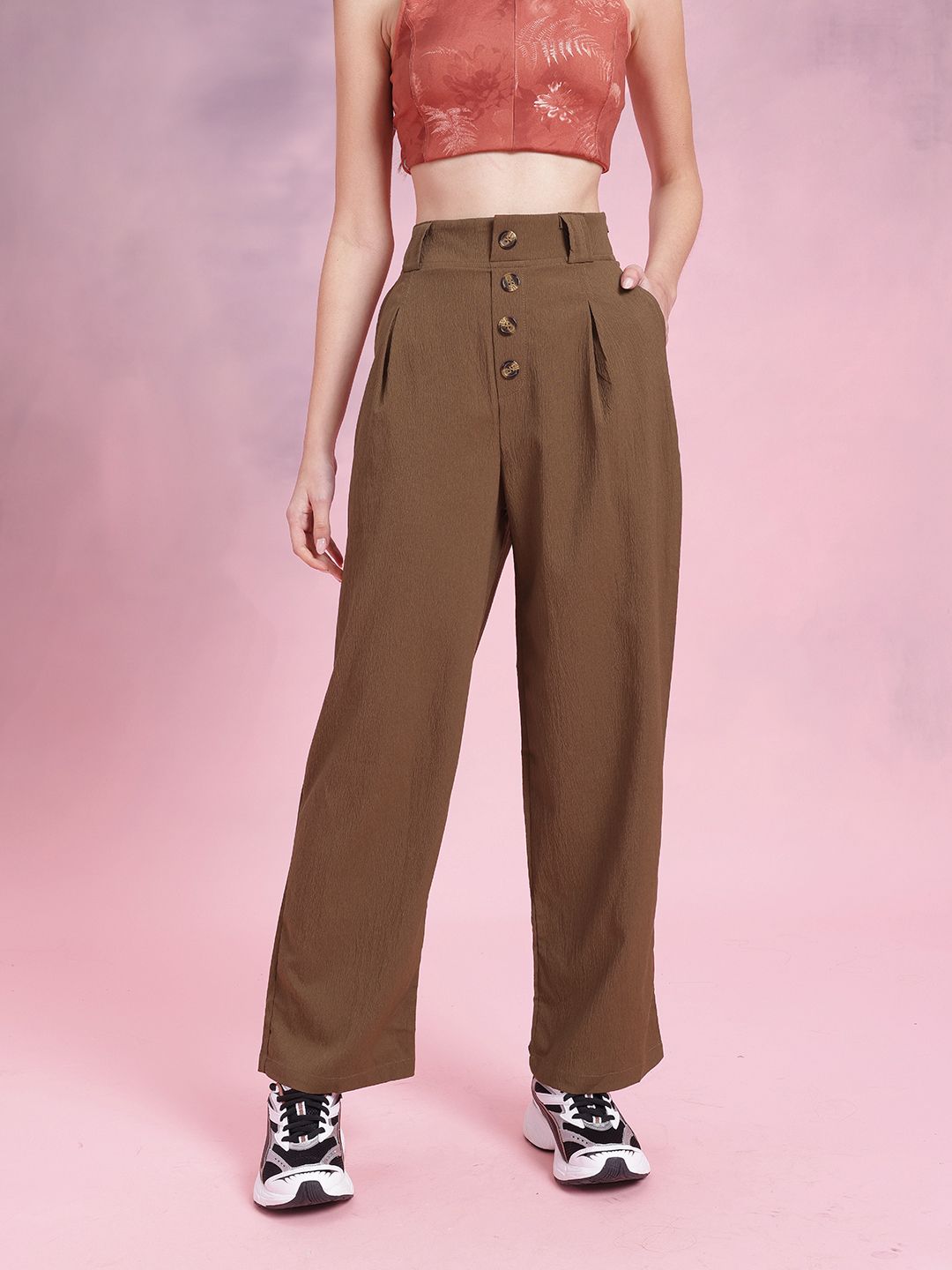 DressBerry Women Comfortably Grunge Textured Pleated Mock Button Trousers