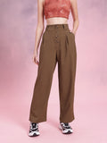 DressBerry Women Comfortably Grunge Textured Pleated Mock Button Trousers