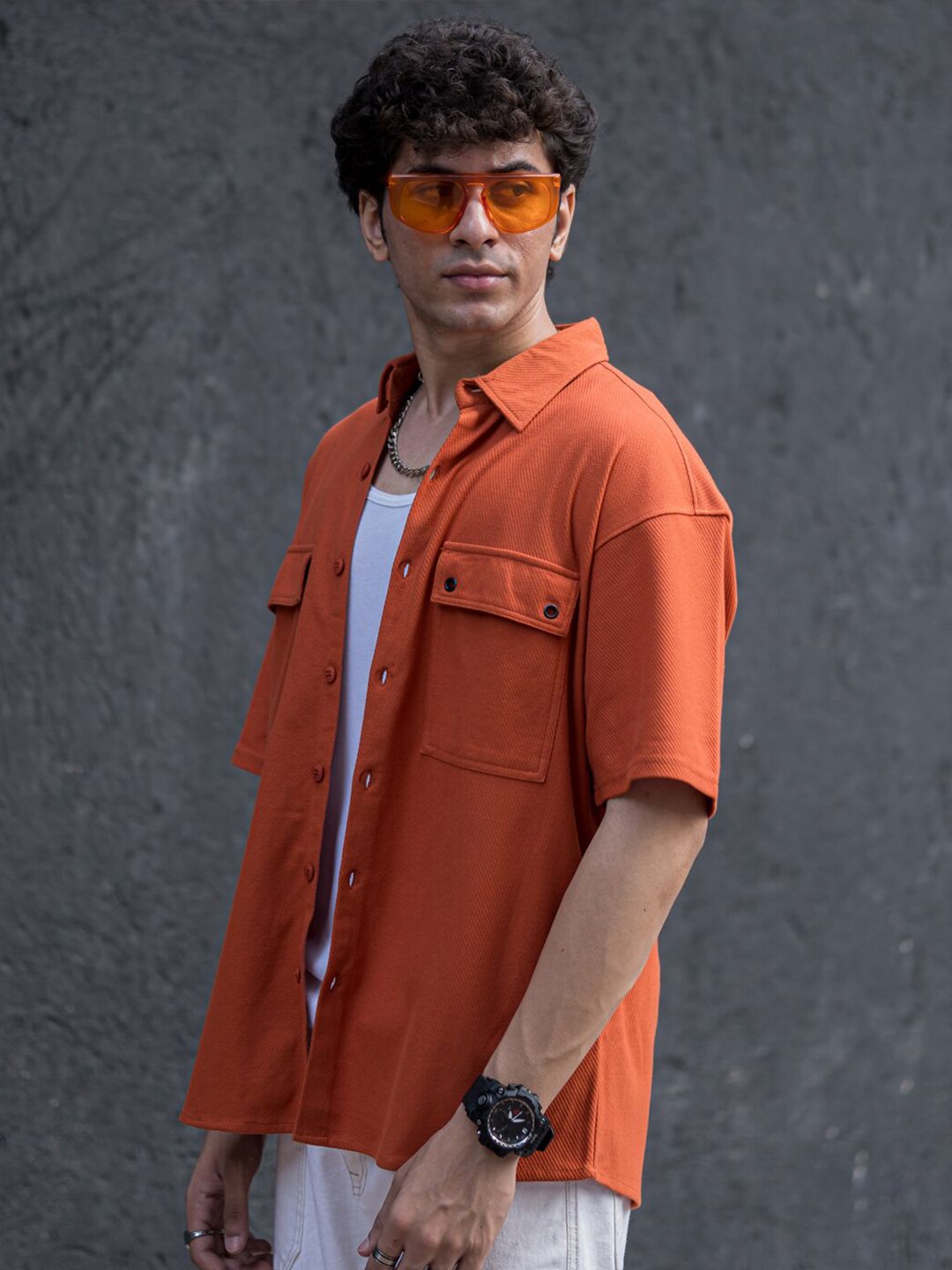 Powerlook Orange Boxy Opaque Drop Shoulder Casual Shirt