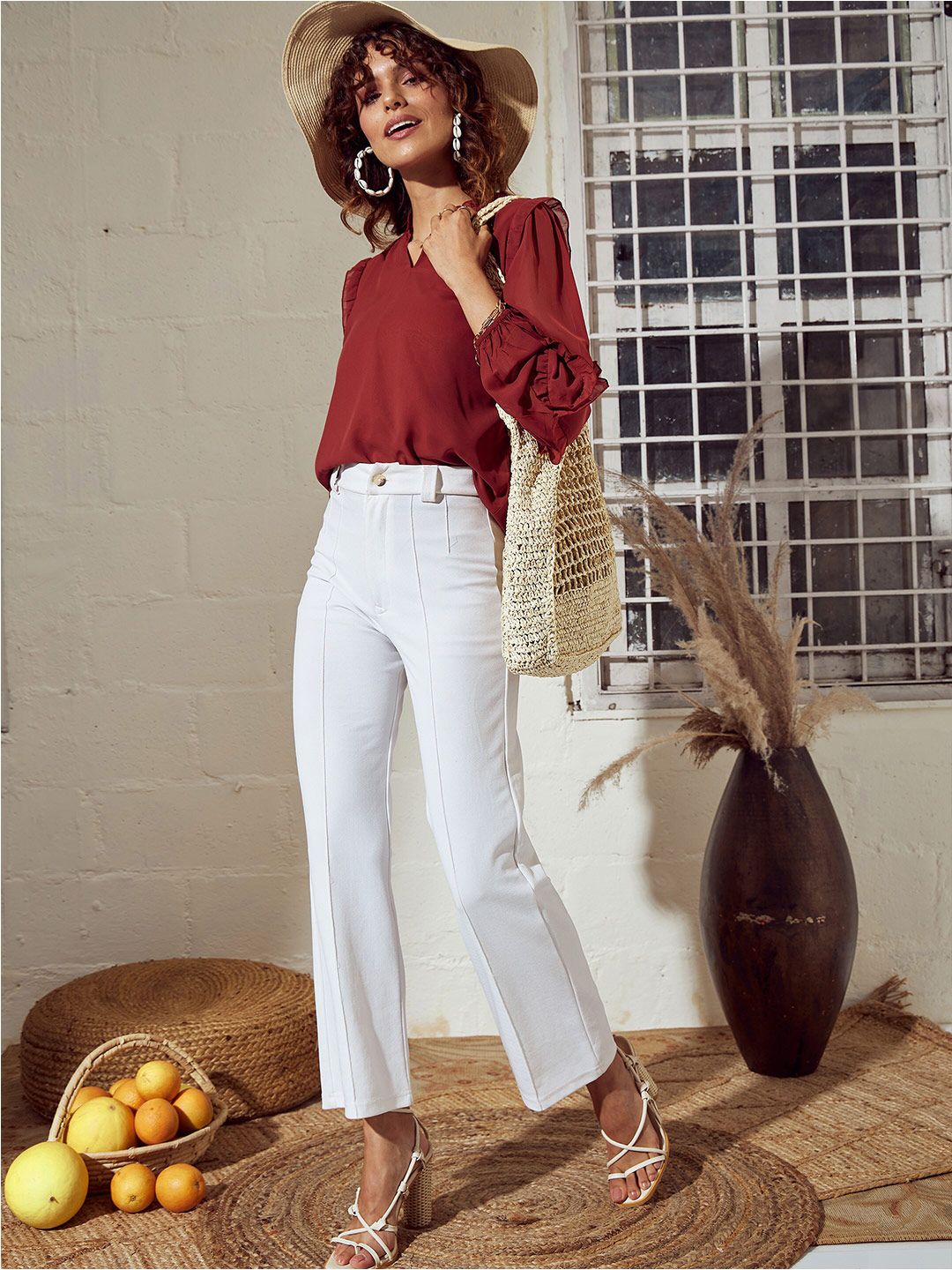 SASSAFRAS Rust V-Neck Puff Sleeves Ruffled Top