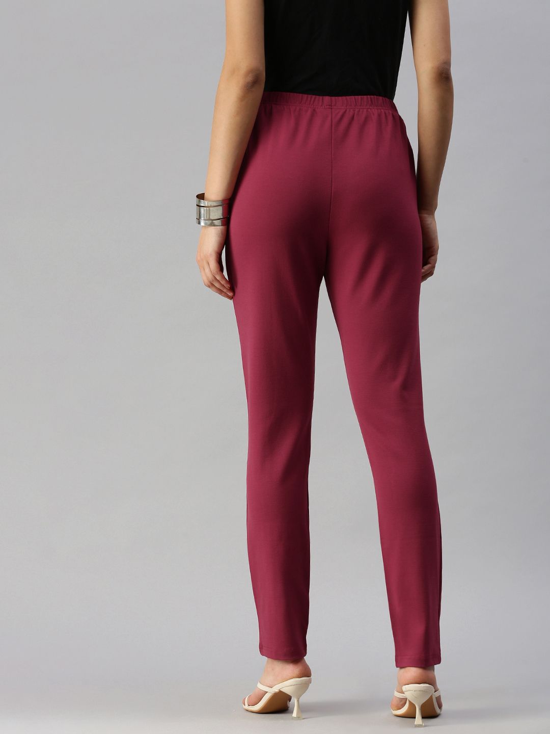 Global Desi Women Maroon Solid Tapered Fit Cigarette Trousers