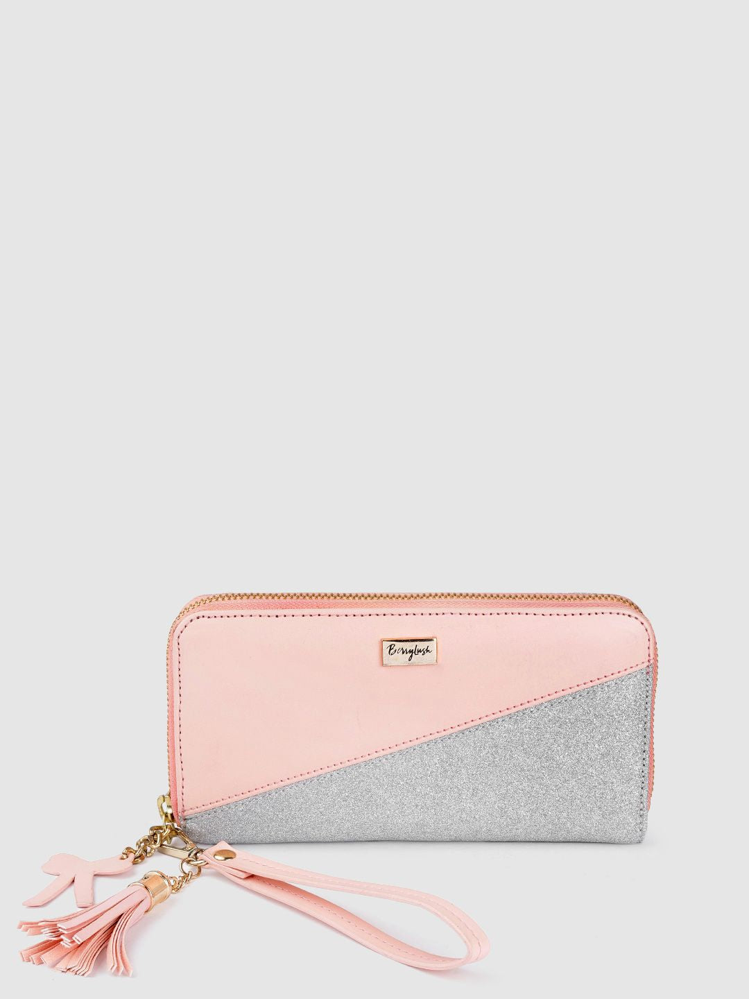 Berrylush Women Pink & Silver-Toned Colourblocked Zip Around Wallet
