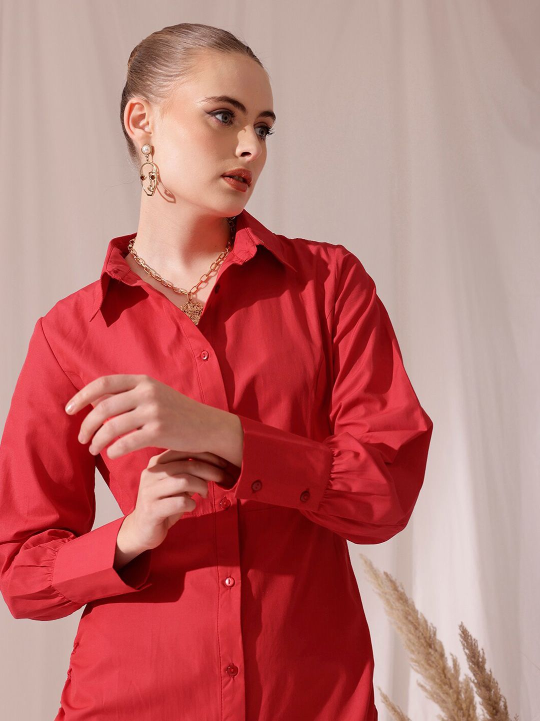 STREET 9 Spread Collar Gathered Pure Cotton Shirt Mini Dress