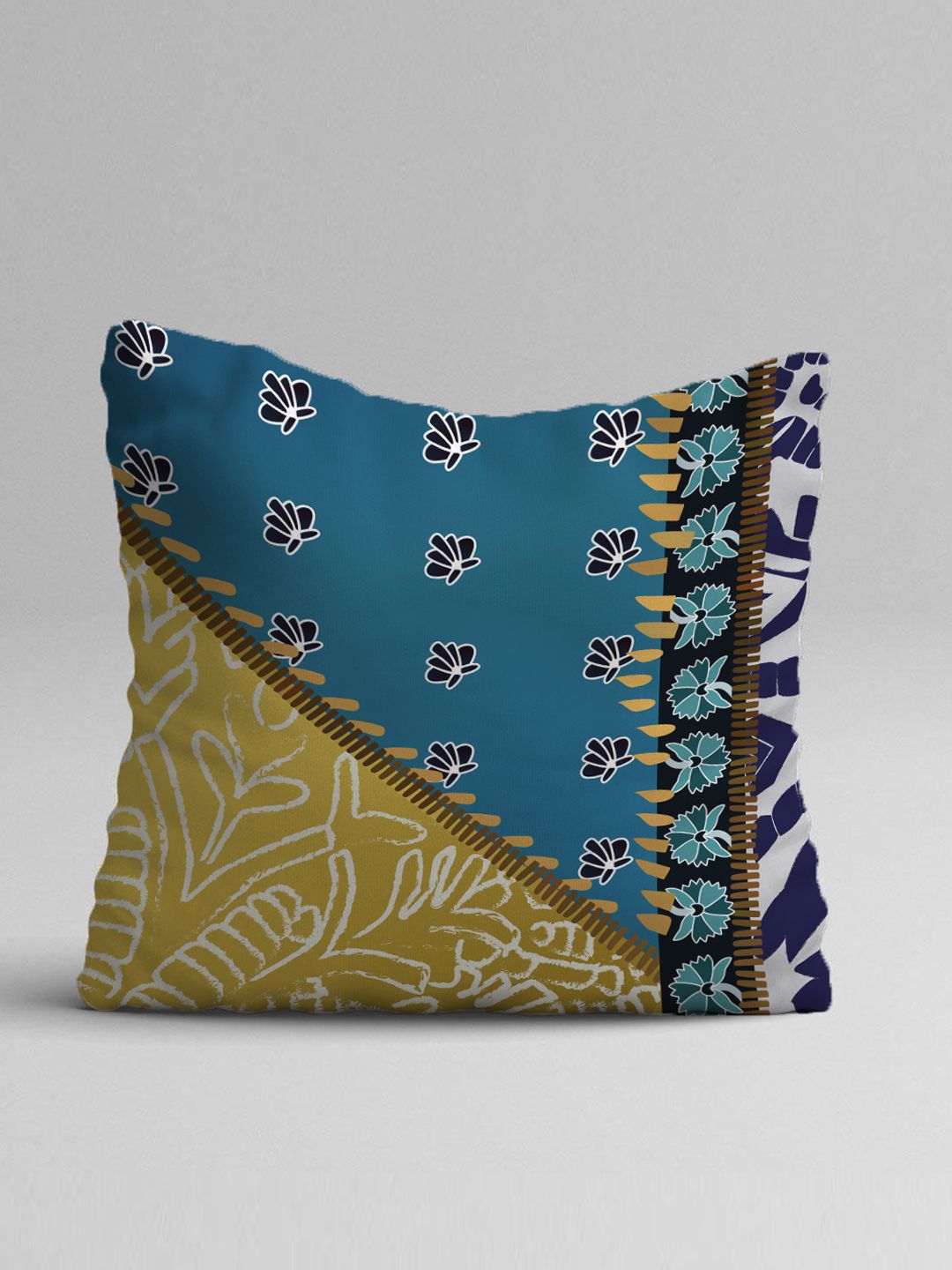 STITCHNEST Blue & Mustard Set of 2 Abstract Square Cushion Covers