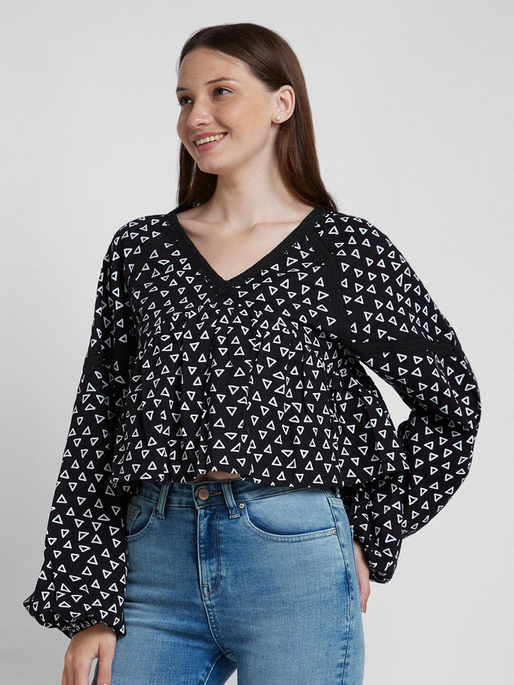 SPYKAR Geometric Printed V-Neck Puff Sleeves Cotton Regular Top