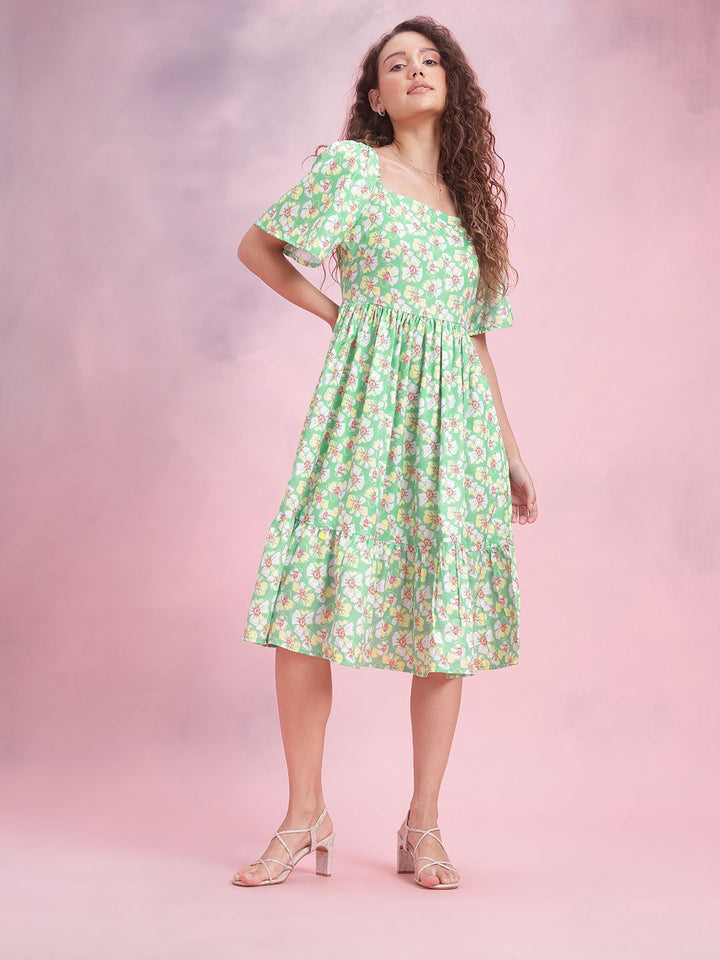 DressBerry Floral Print Flared Sleeve A-Line Midi Dress