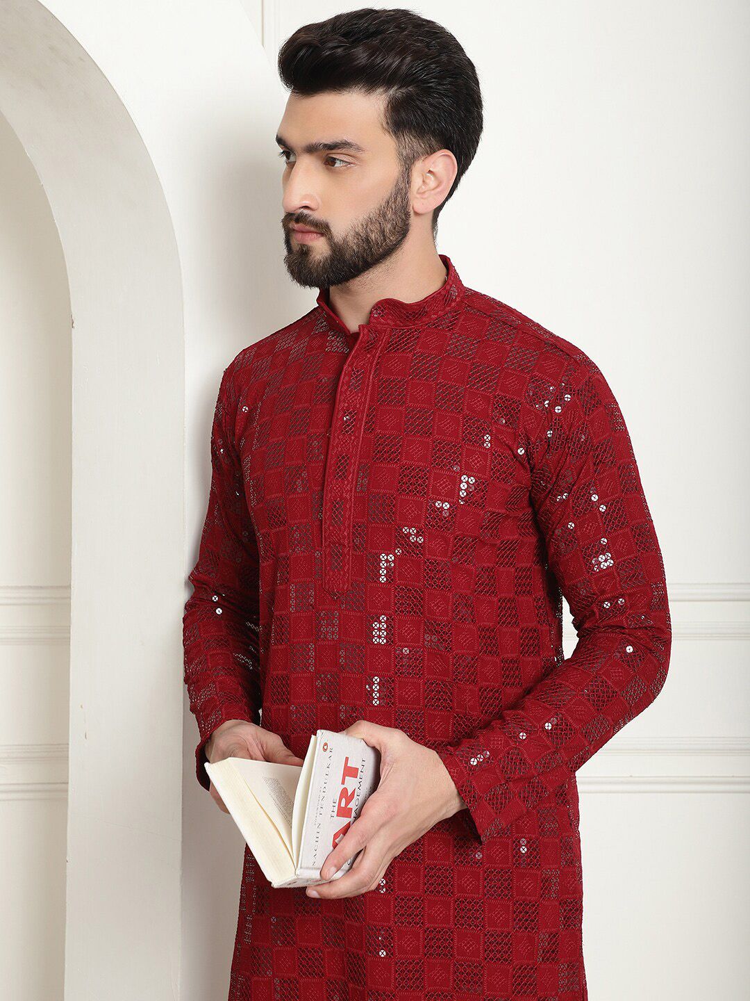 SOJANYA Geometric Embroidered Mandarin Collar Long Sleeves Sequinned Pure Cotton Kurta Set