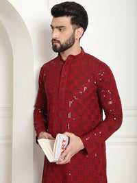 SOJANYA Geometric Embroidered Mandarin Collar Long Sleeves Sequinned Pure Cotton Kurta Set