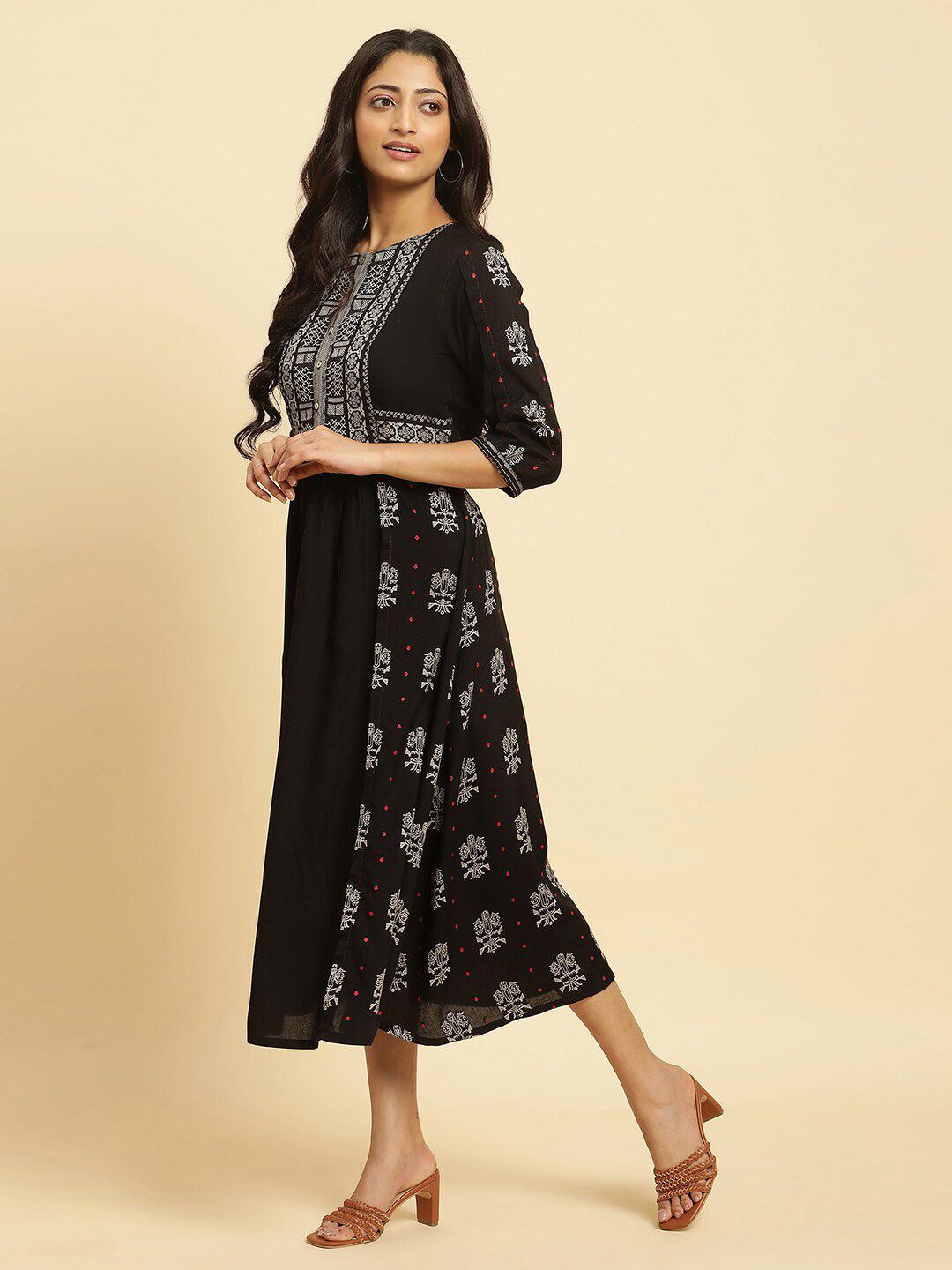 W Ethnic Motifs Printed Pleated Fit & Flare Midi Ethnic Dress