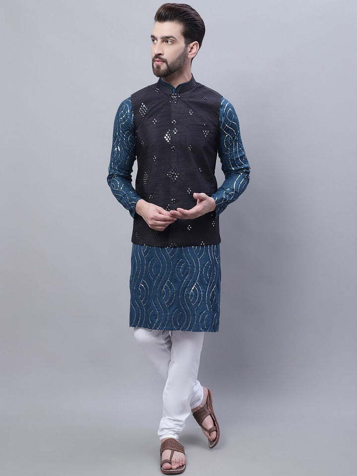 SOJANYA Embroidered Sequinned Pure Cotton Kurta and Churidar with Nehru Jacket
