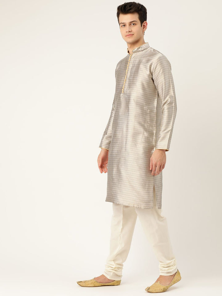 SOJANYA Men Beige & Off-White Woven Design Kurta Lurus