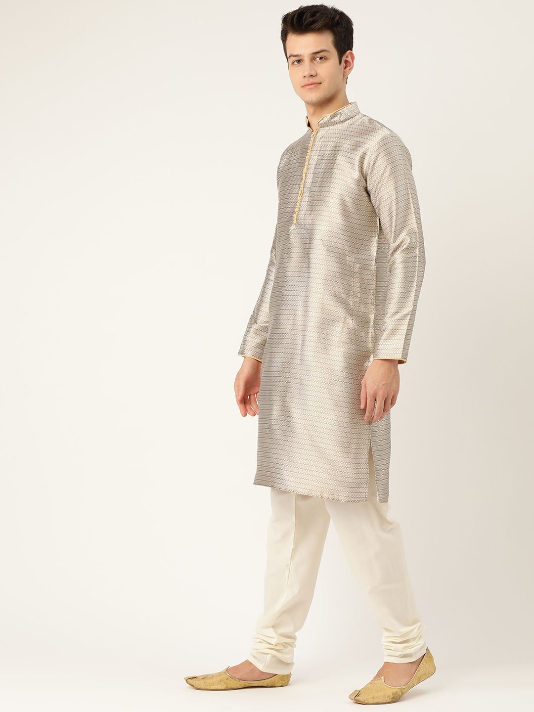 SOJANYA Men Beige & Off-White Woven Design Kurta Lurus
