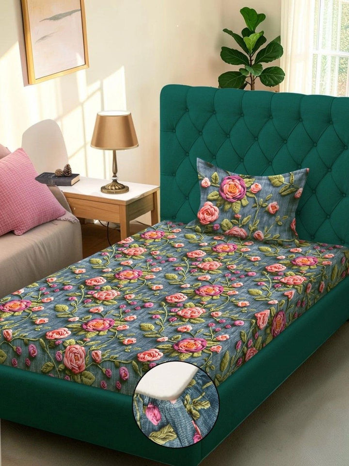 Moda Rapido X KLOTTHE Turquoise Biru & Hijau Bunga 300 TC Cadar Tempat Tidur Single dengan 1 Sarung Bantal
