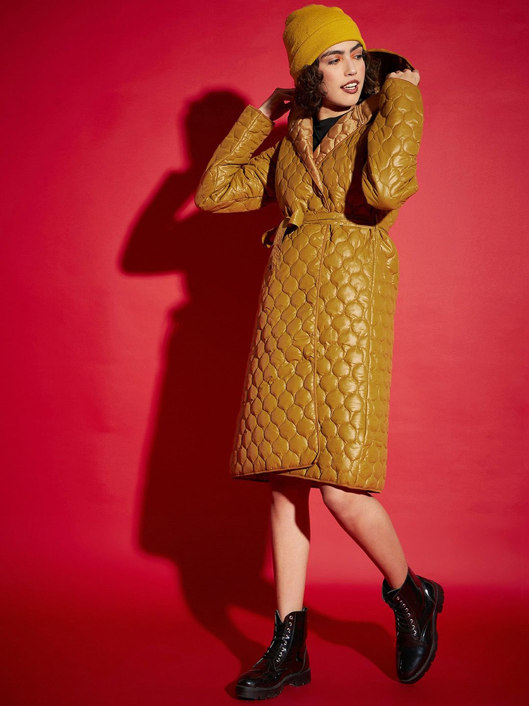 SASSAFRAS Mustard Yellow Hooded Longline Quilted Jacket With Belt