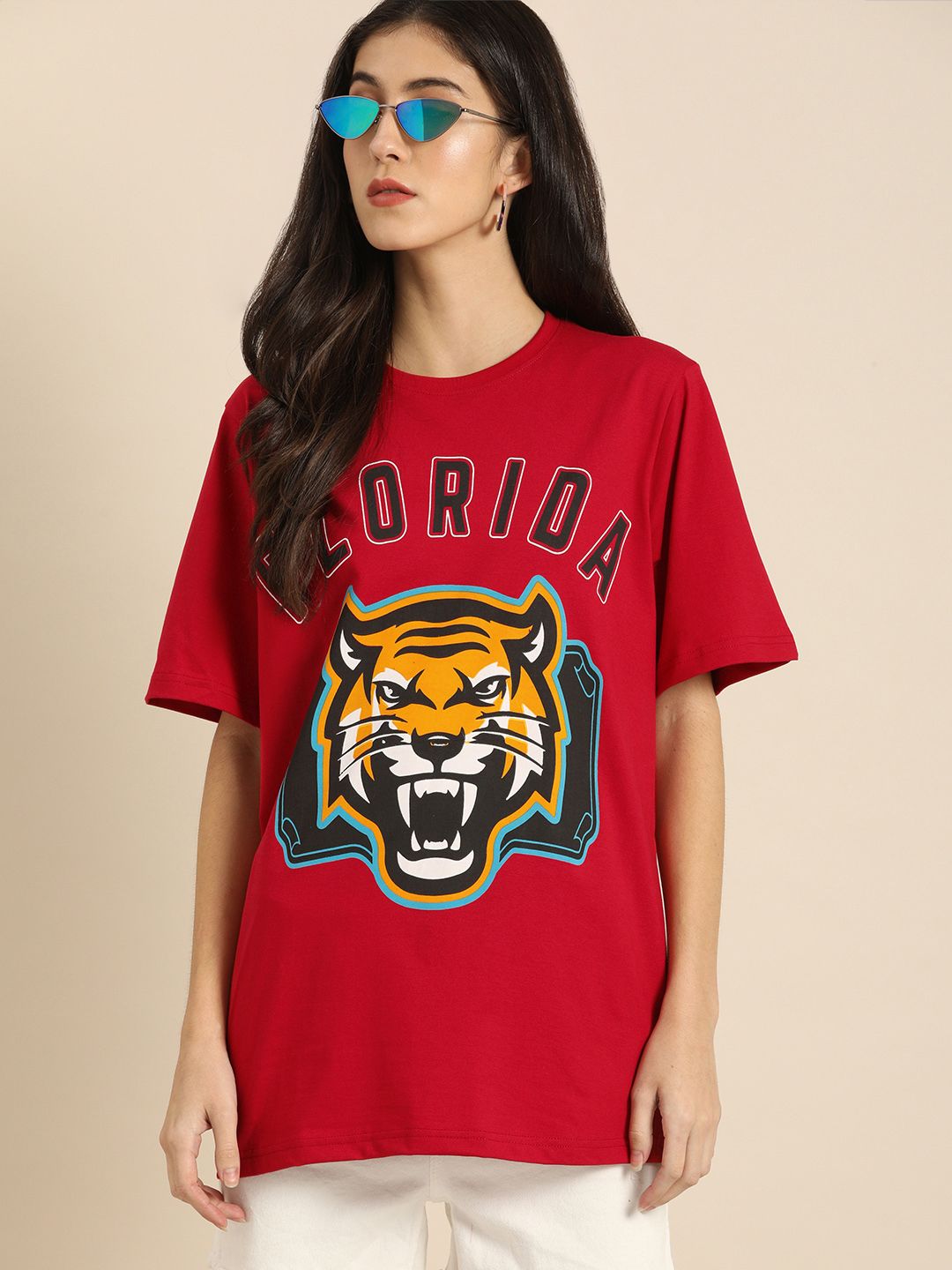 DILLINGER Women Red Printed Round Neck  Longline Oversized Pure Cotton T-shirt