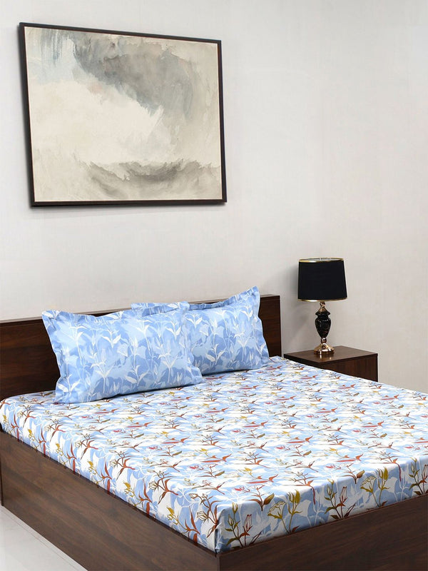BOMBAY DYEING Blumen Blue Floral 104 TC Cotton Queen Bedsheet Set-2.24 m X 2.54 m