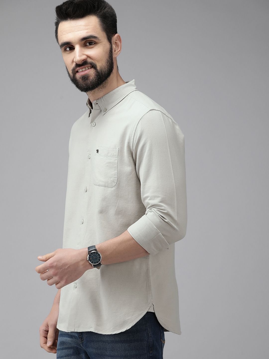 THE BEAR HOUSE Men Beige Solid Slim Fit Cotton Shirt