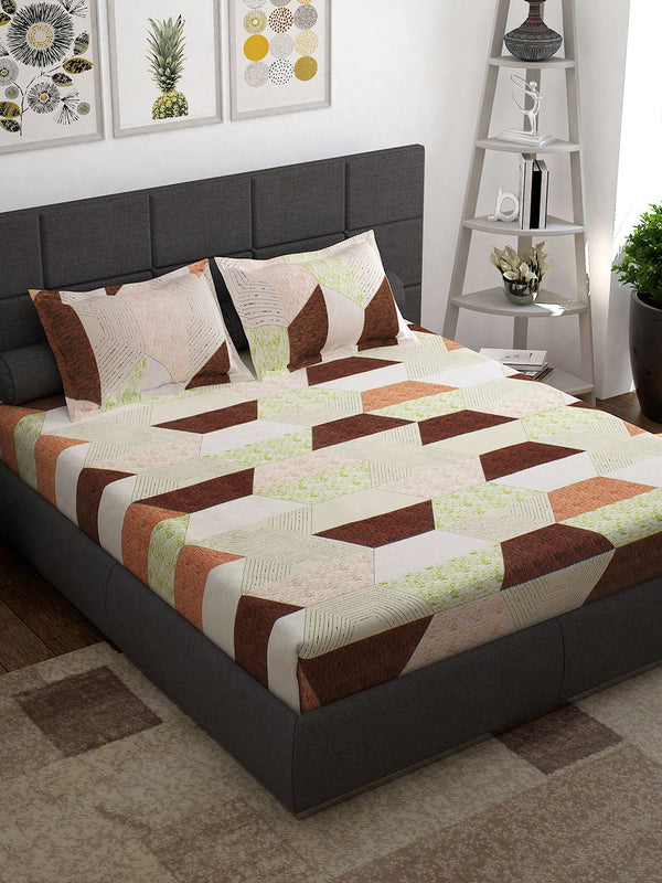 Story@home Cream-Coloured Geometric 144 TC Cotton 1 Queen Bedsheet with 2 Pillow Covers