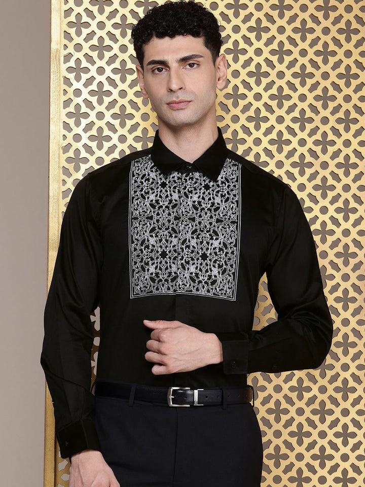 House of Pataudi Pure Cotton Ethnic Motifs Embroidered Opaque Party Shirt