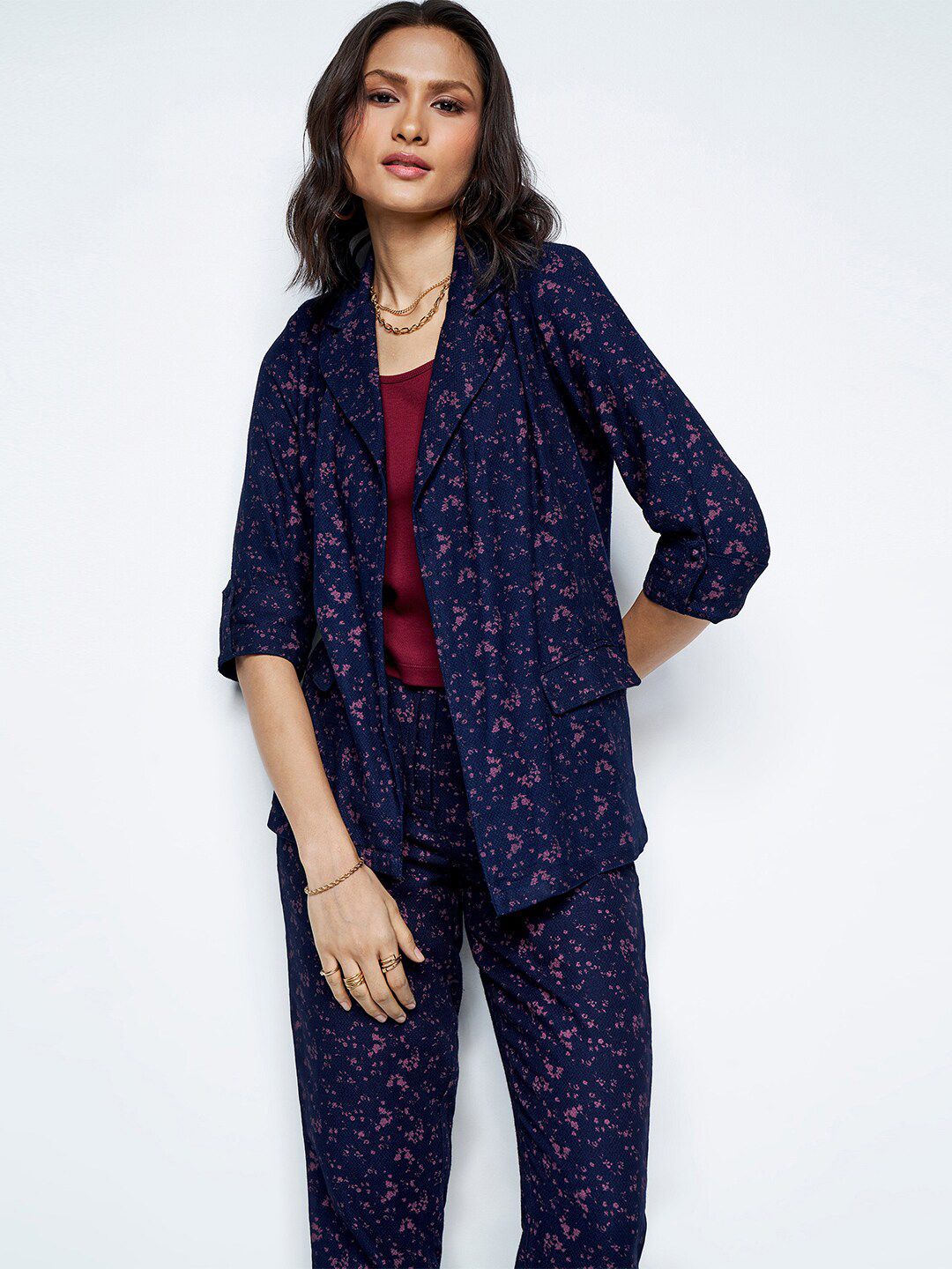 AND Self Design Top Blazer With Trousers Co-Ords