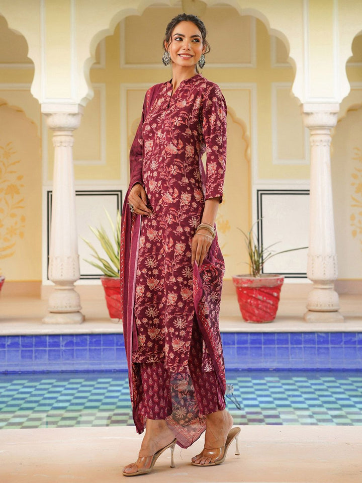 KALINI Floral Printed Straight Kurta With Trousers & Dupatta