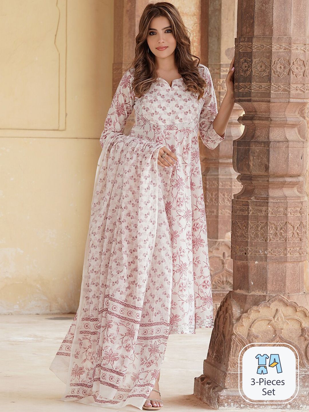 KALINI Floral Printed V-Neck Regular Gotta Patti Kurta With Trousers & Dupatta