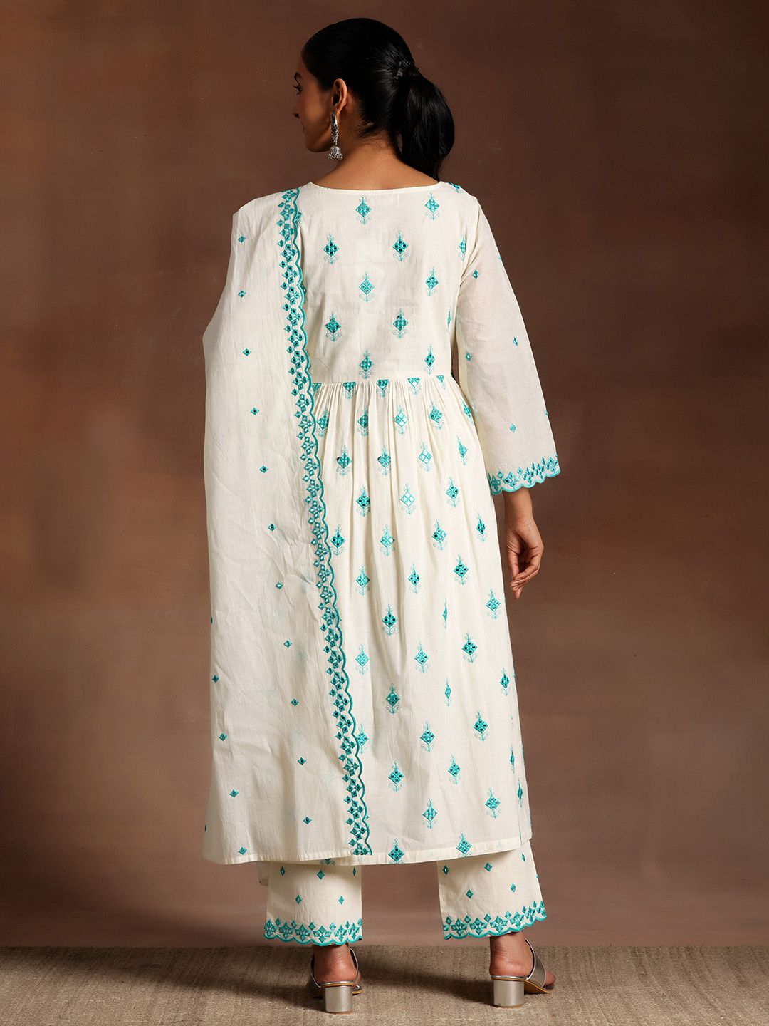 Libas Floral Embroidered Empire Thread Work Pure Cotton Kurta With Trousers & Dupatta