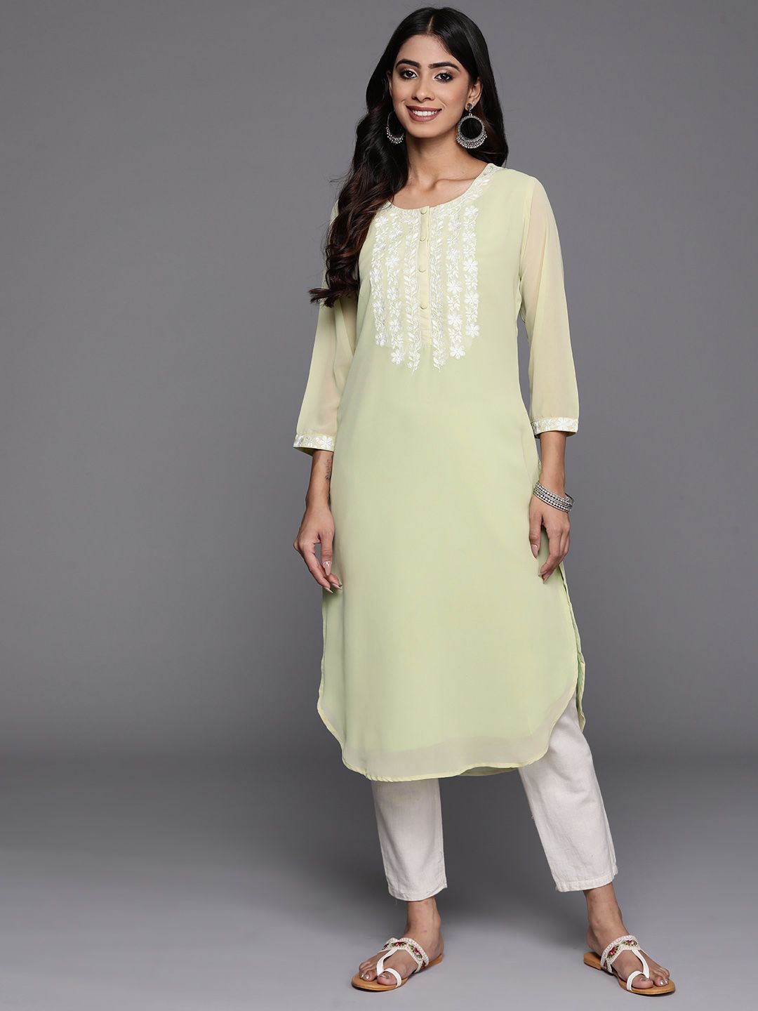Libas Floral Embroidered Thread Work Pastel Pure Georgette Kurta