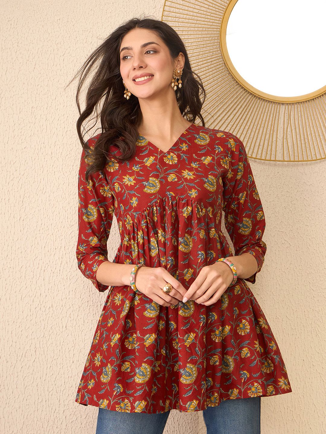 KALINI Women Floral Print Peplum V-Neck Regular Top