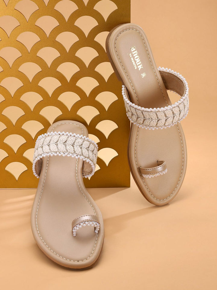 Anouk Women Off-White Woven Design One Toe Flats