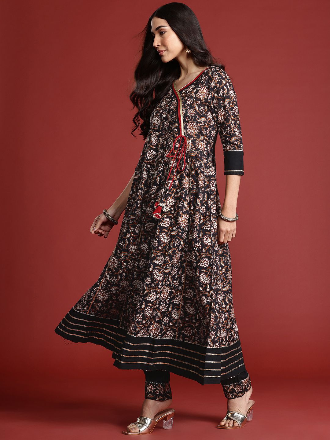 Anouk Floral Print Angrakha Gotta Patti Detail Anarkali Kurta with Trousers & Dupatta