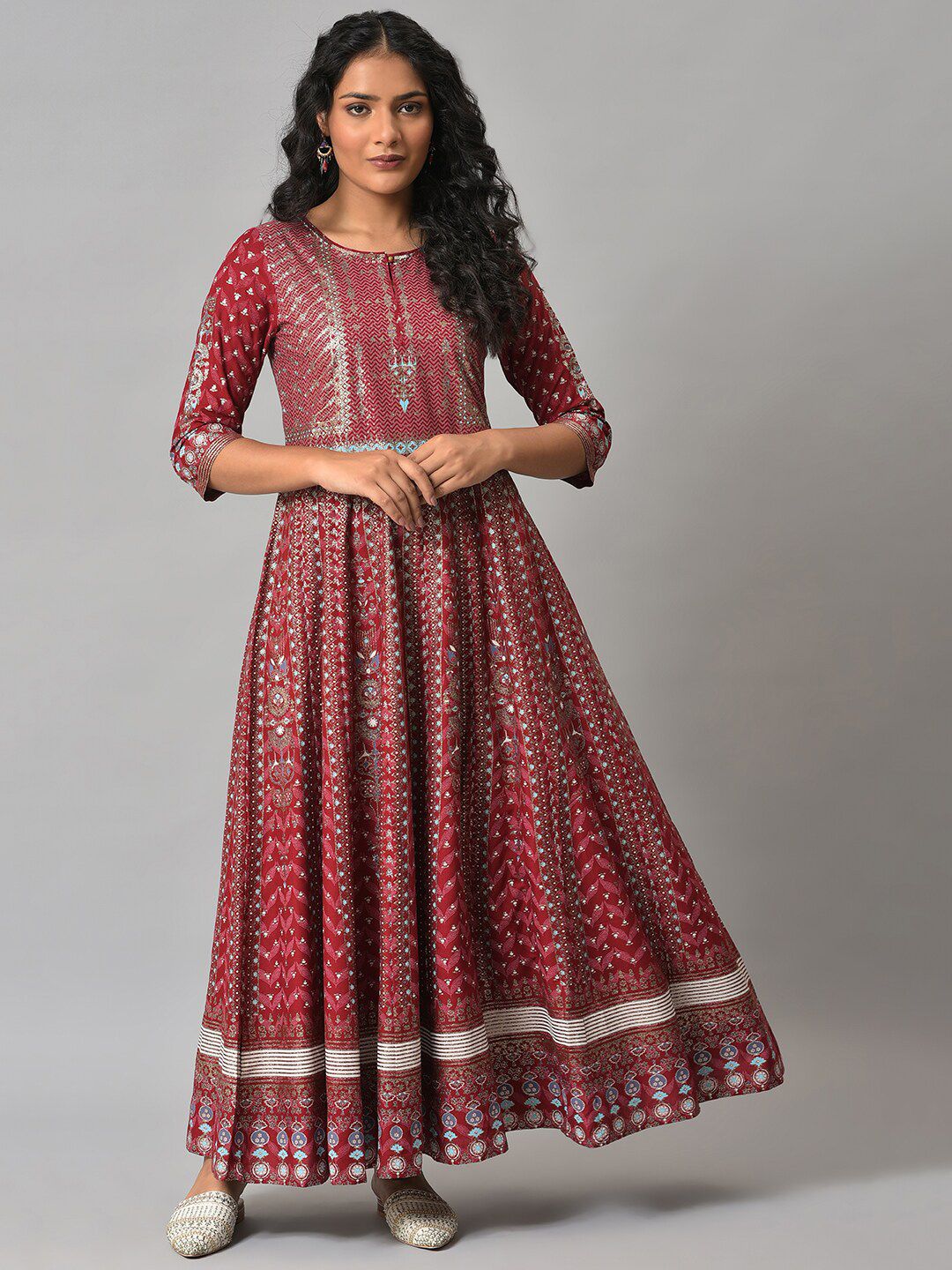 W Red Ethnic Motifs Keyhole Neck Ethnic Maxi Dress